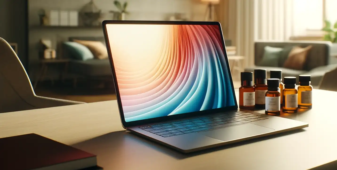 Bottles of essential oils next to a laptop computer