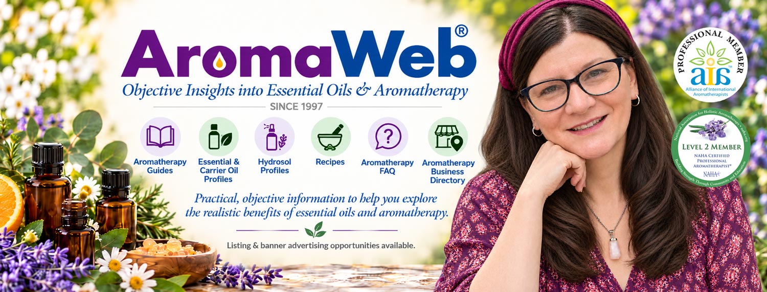 AromaWeb overview featuring essential oils, botanicals, Wendy Robbins and professional association memberships