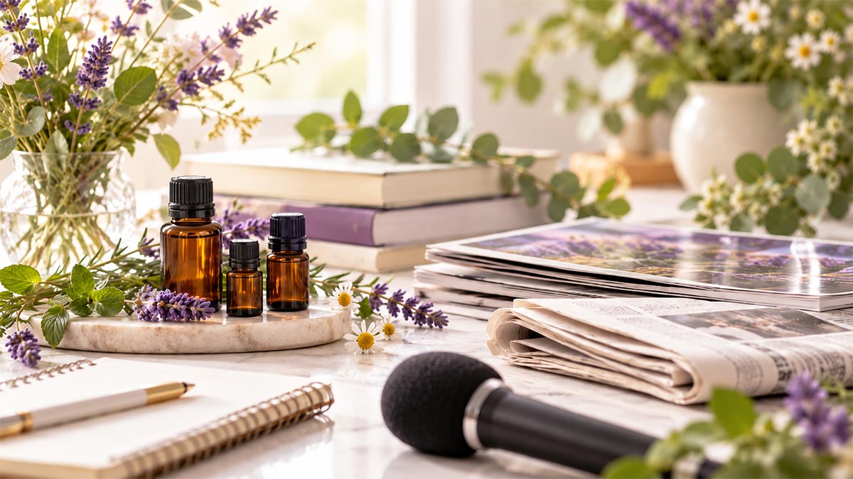 Newspapers, magazines and a microphone surrounded by fresh botanicals