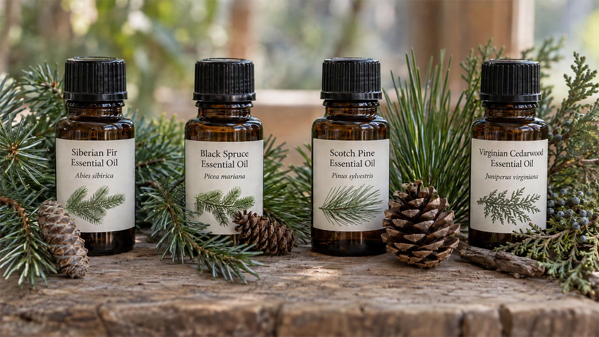 Conifer Essential Oils Including Siberian Fir, Black Spruce, Scotch Pine and Cedarwood for a Forest-Inspired Aromatherapy Practice