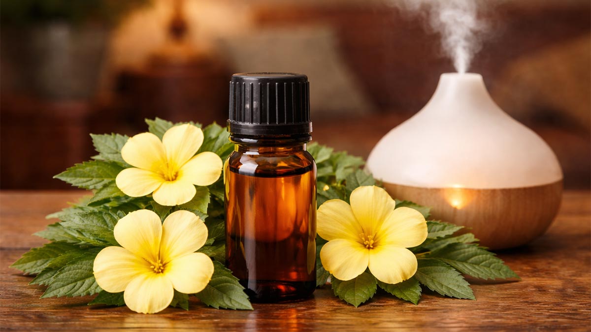 Bottle of Damiana Essential Oil surrounded by fresh damiana flowers and leaves