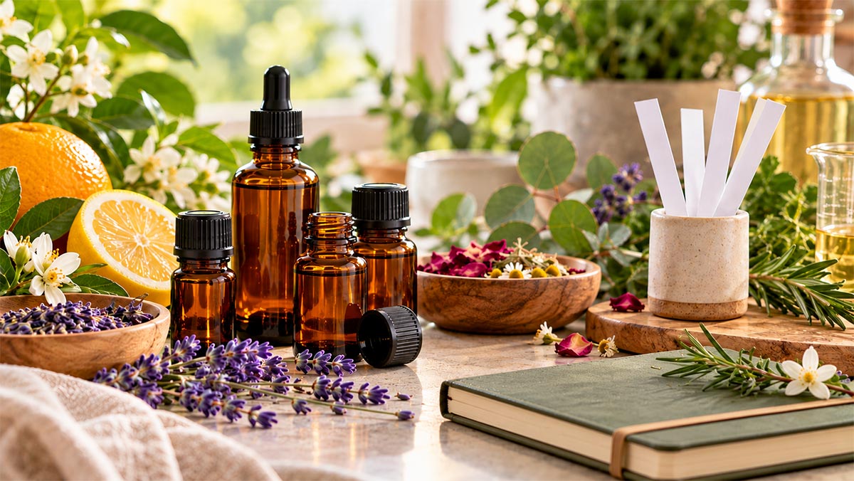 Essential oil bottles surrounded by fresh botanicals, fragrance test strips and a blending journal