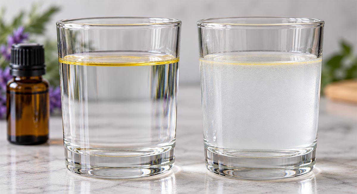Essential Oil Separated From Water Compared With Oil Droplets Temporarily Dispersed After Shaking