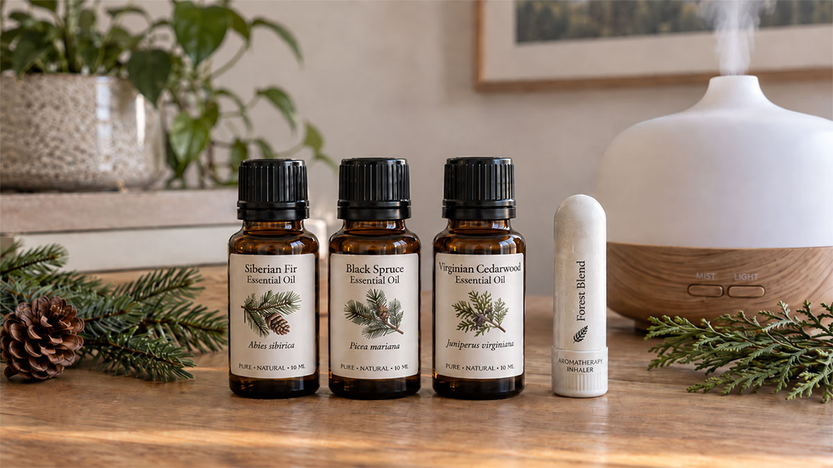 Siberian Fir, Black Spruce and Virginian Cedarwood Essential Oils for a Forest-Inspired Blend