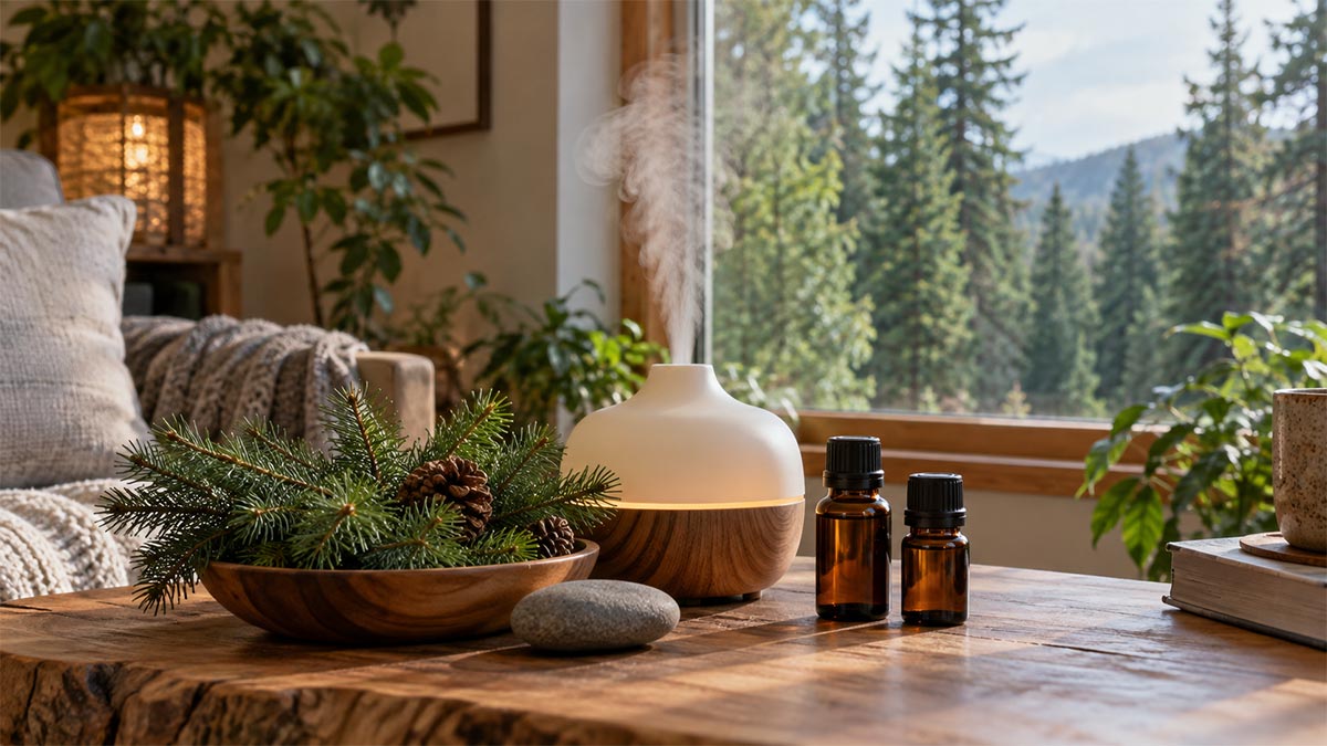 Essential Oils and Conifer Branches Used to Bring Elements of Forest Bathing Indoors