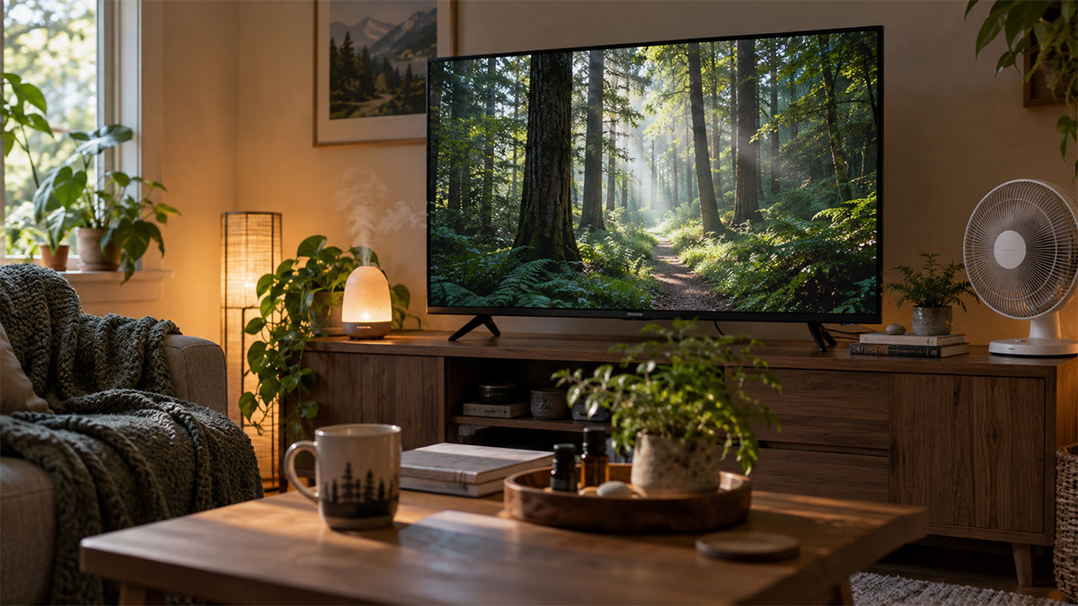 Indoor Forest Bathing-Inspired Setup With Forest Video, Essential Oils, Soft Lighting and Gentle Air Movement