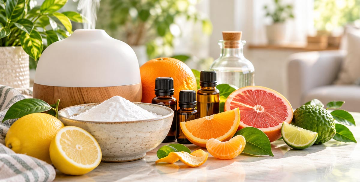 Selection of natural ingredients and essential oils to help eliminate odors