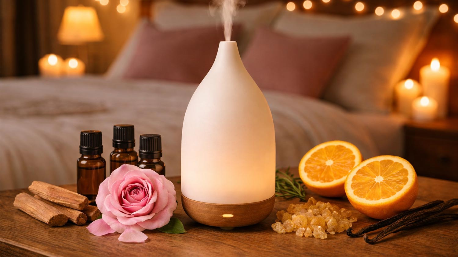 Diffuser surrounded by essential oils, a rose, sandalwood sticks, vanilla beans and other Valentine's Day themed botanicals